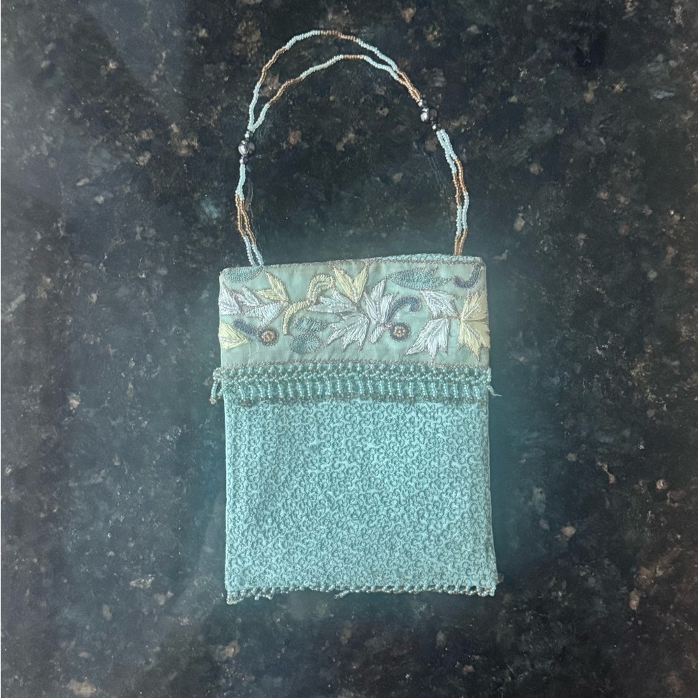 Turquoise Beaded & Embroidered Blue Handbag Clutch 7” x 6”